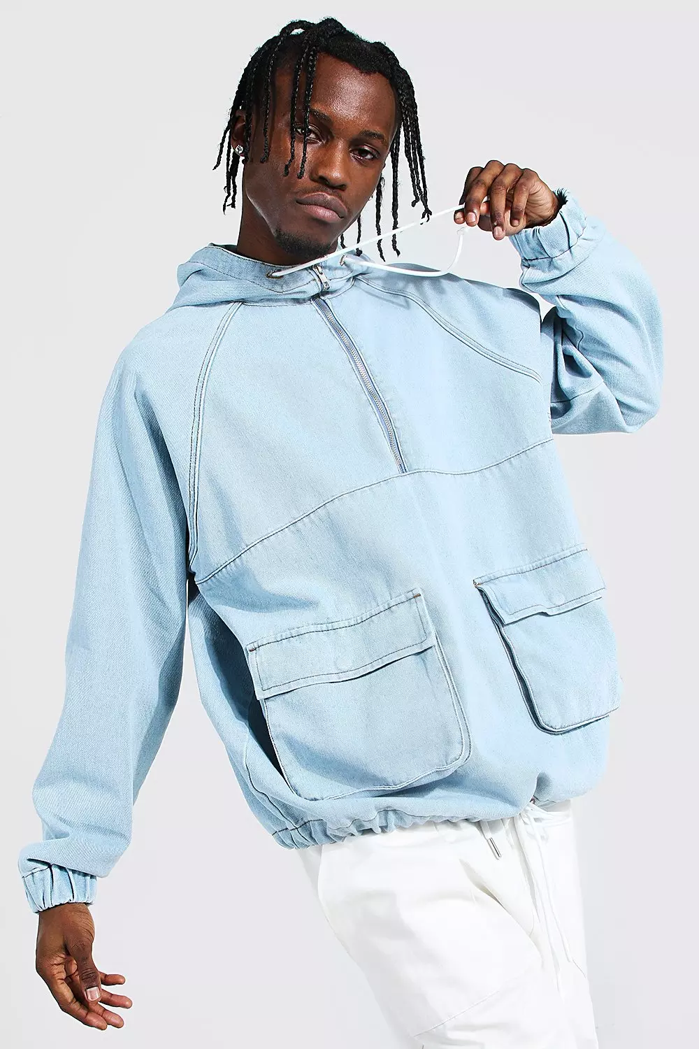 Oversized Hooded Denim Cagoule boohooMAN UK